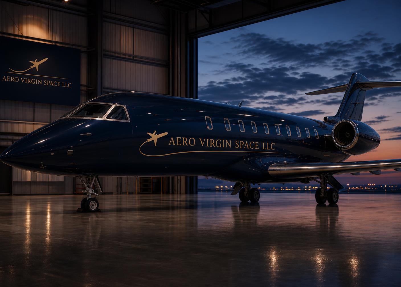 Aero Virgin Space LLC branded private jet in the hangar at dusk