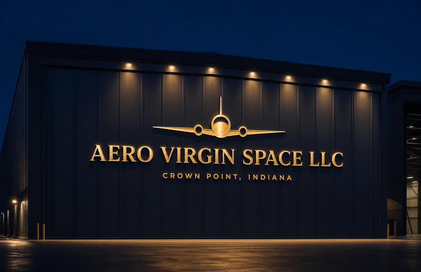Illuminated Aero Virgin Space LLC hangar signage in Crown Point, Indiana